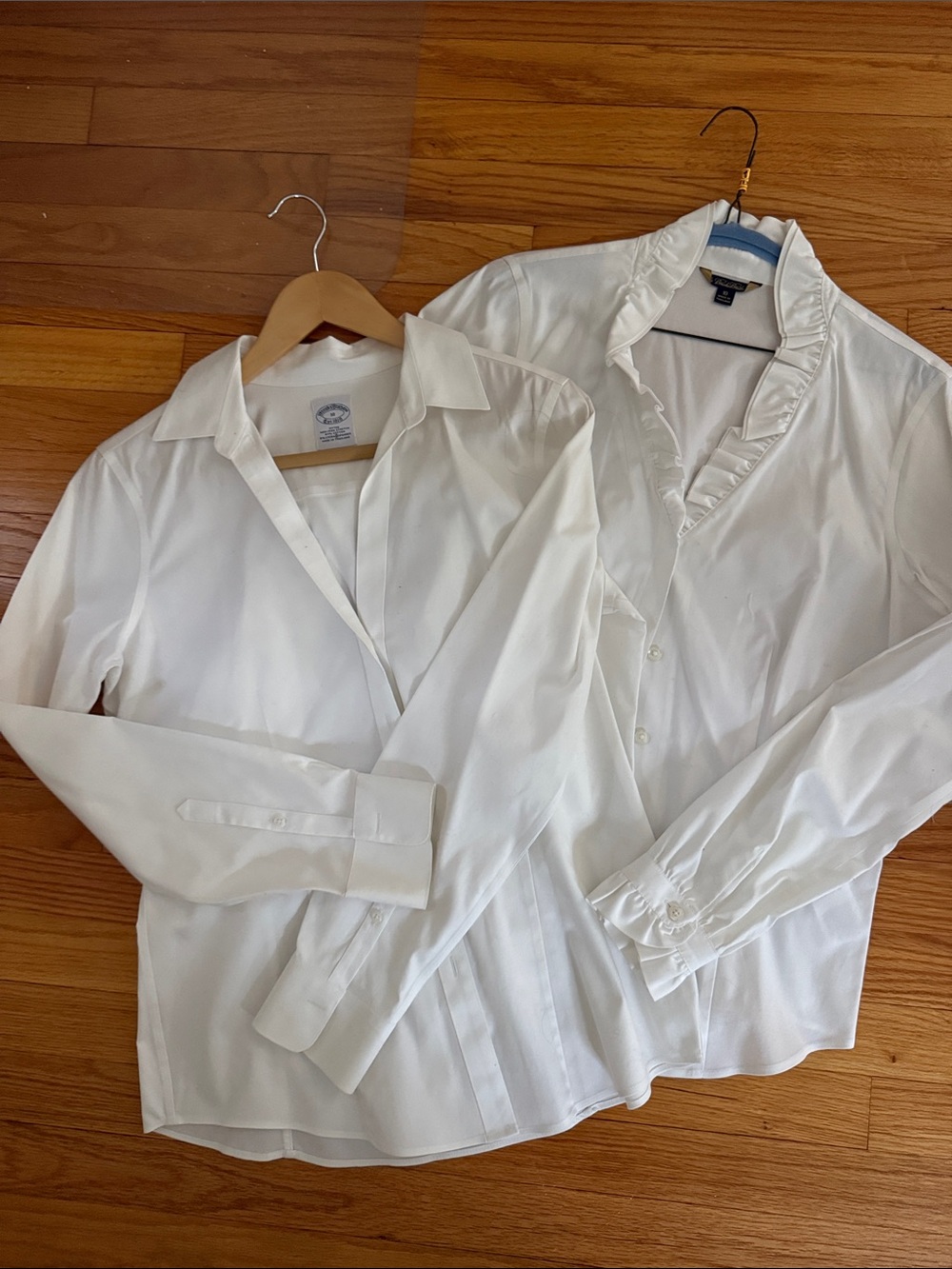 Brooks Brothers White Button-Front Blouse Duo — Classic Collar & Ruffle Detail